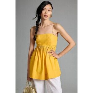 Anthropologie Maeve Babydoll Tunic Top Smocked Cotton Yellow Sleeveless S 285288